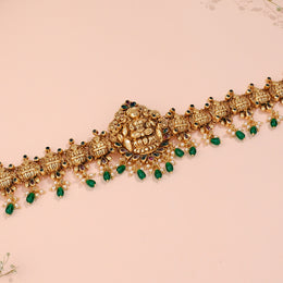 Silver Lakshmi Vaddanam in Antique Finish with Stone & Pearl Beads