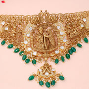 Divine Radha Krishna Temple Choker with Emerald Beads and Peacock Motifs