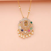 Divine Lakshmi Navaratna Pendant with Zircon Halo Pearl Drops