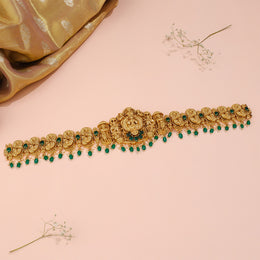 Temple Lakshmi Devi Silver Vaddanam with Emerald Beads