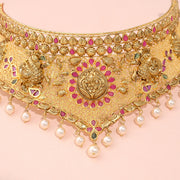 Antique Peacock Temple Choker with Ruby Accents and Pearl Drops