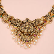 Antique Lakshmi Temple Necklace with Peacock Motifs and Pearl Drops