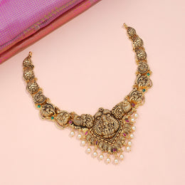 Antique Lakshmi Temple Necklace with Peacock Motifs and Pearl Drops