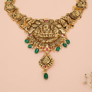 Silver Lakshmi Necklace in Antique Finish with Stone Highlights