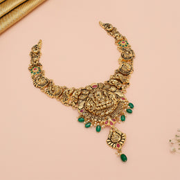 Silver Lakshmi Necklace in Antique Finish with Stone Highlights