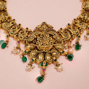Divine Lakshmi Antique Temple Necklace with Emerald Beads and Pearl Drops