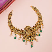 Divine Lakshmi Antique Temple Necklace with Emerald Beads and Pearl Drops
