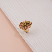 Divine Silver Lakshmi Antique Temple Ring with Ruby Accents