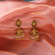 Silver Temple Jhumkas with Pearl Hangings and Ruby Stones