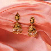 Silver Temple Jhumkas with Pearl Hangings and Ruby Stones