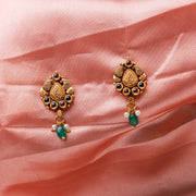 Traditional Paisley Silver Stud Earrings with Green Beaded Drops