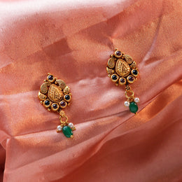 Traditional Paisley Silver Stud Earrings with Green Beaded Drops
