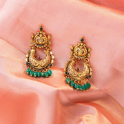 Antique Gold-Plated Silver Chandbali Earrings with Green Bead Drops