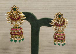 Silver Earrings with Kundan and Green Stone Combination